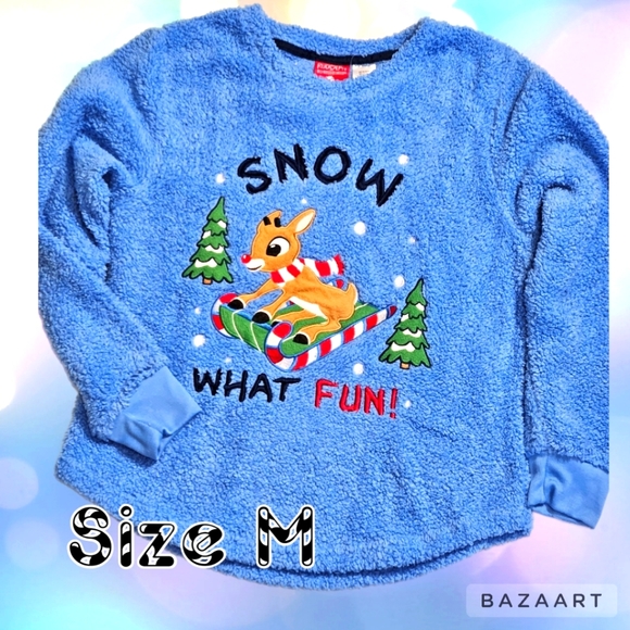 Ugly Christmas Fluffy Soft Fleece  Blue Grafic Sweat Shirt Size M - Picture 1 of 5
